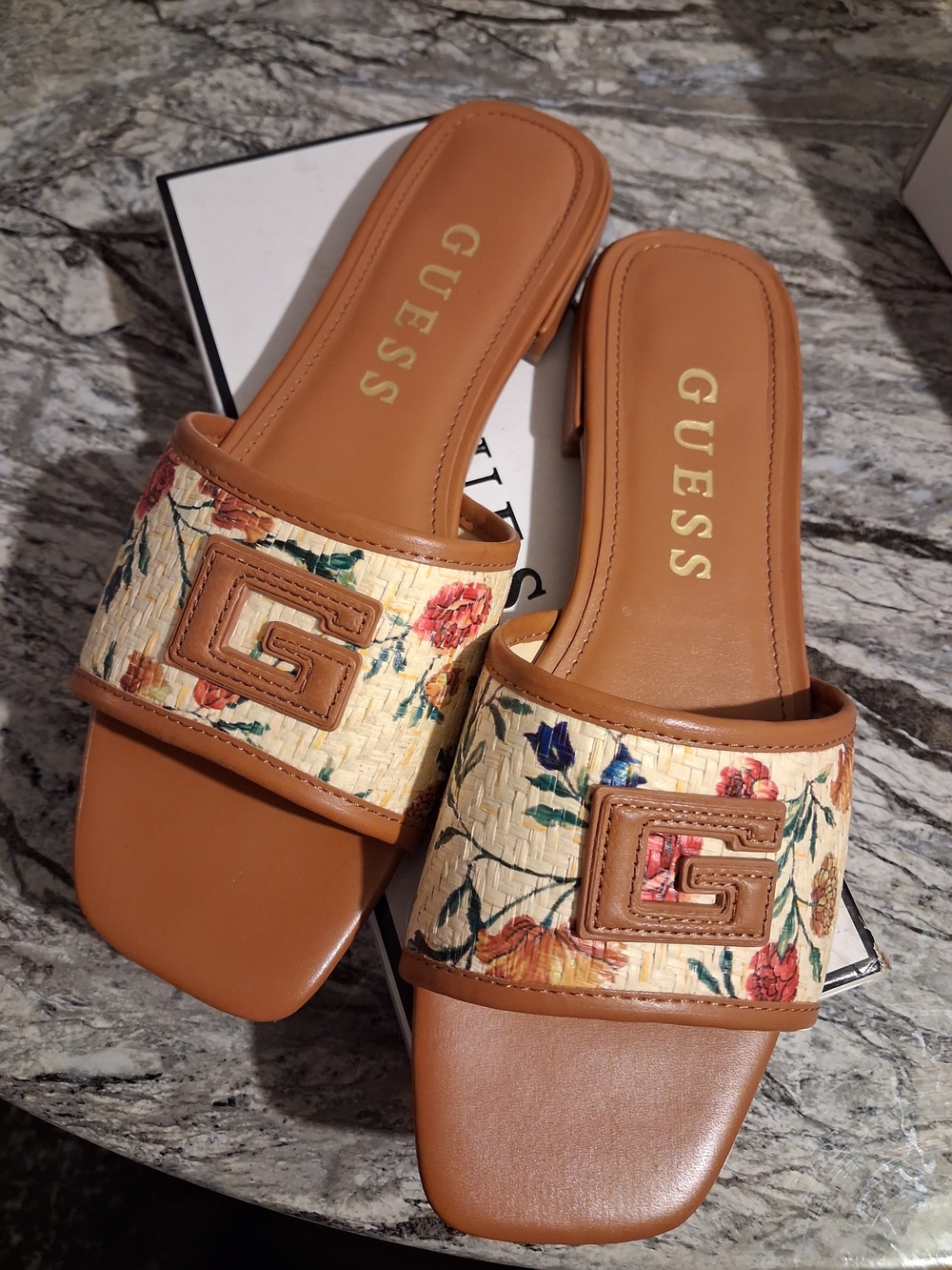 GUESS Women's Tan Floral Tampa Slide Sandals